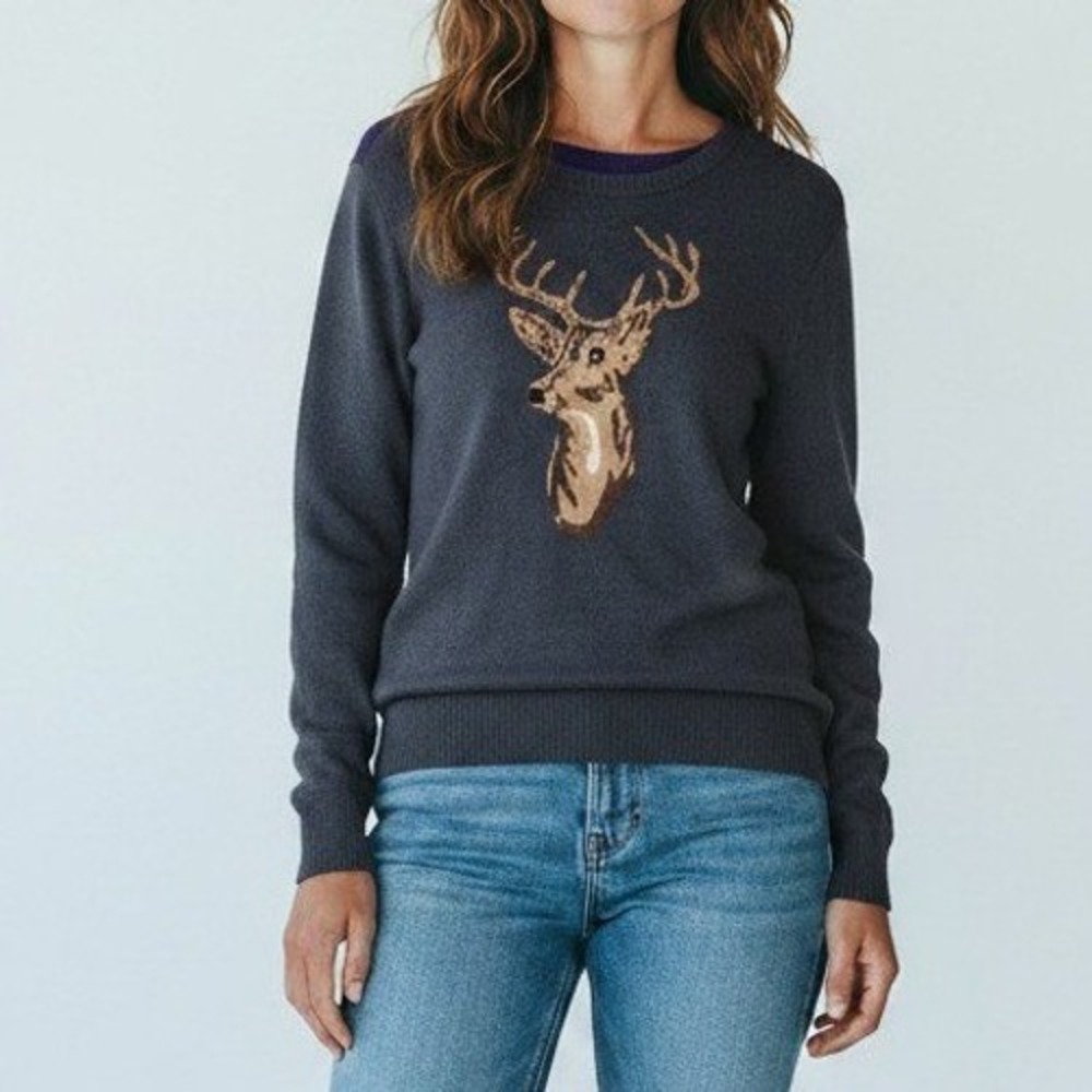 Tommy Hilfiger Women Sweater Medium Grey Deer Intarsia Elbow Patch Cabincore
